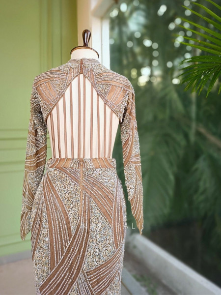Aurora Brown Net Gown with Heavy Embroidery Work