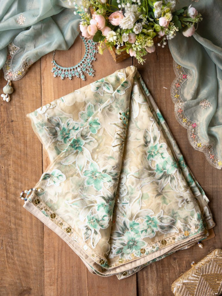 Lily Meadow Cream  Saree with Sequin Floral Work