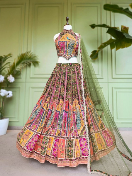 Gulnaar-e-Ishq Mehendi Green Peacock Print Halter Neck Lehenga Set
