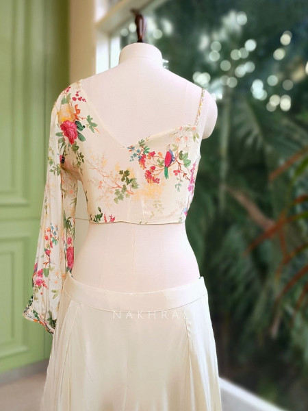 Ethereal Cream Crop Top Palazzo Set with Floral Work
