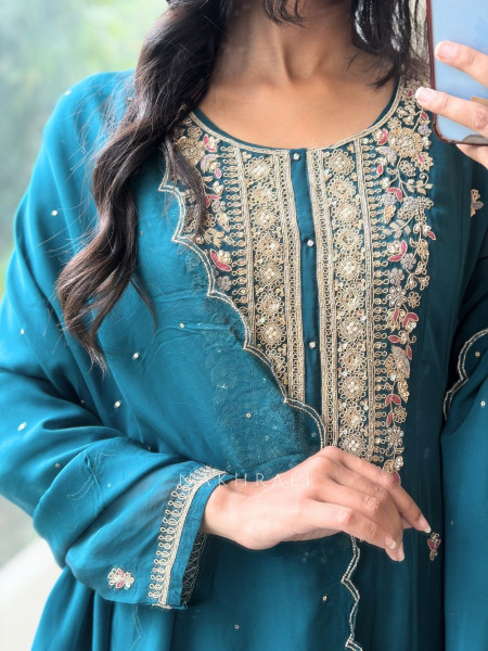 Firdaus Scallop Teal Blue Anarkali Suit Set