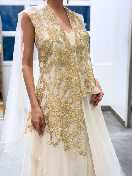 Fractured Cream Organza & Crepe Indo-Western Palazzo Set
