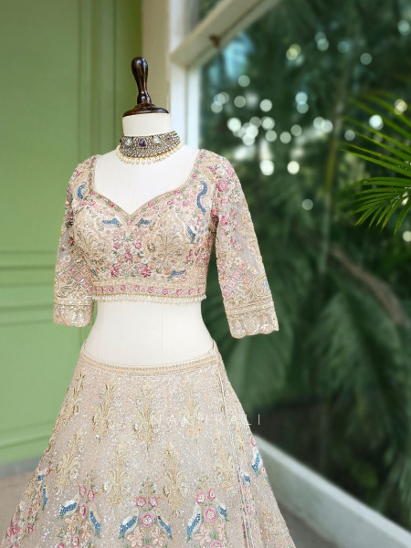 Amira Cream Embroidered Net Lehenga with Sequin Work