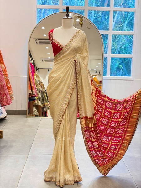 Verdant Red & Cream Bandhej Saree Zari Border Work