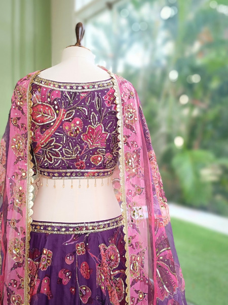 Nishaara Purple Organza Silk Lehenga Set