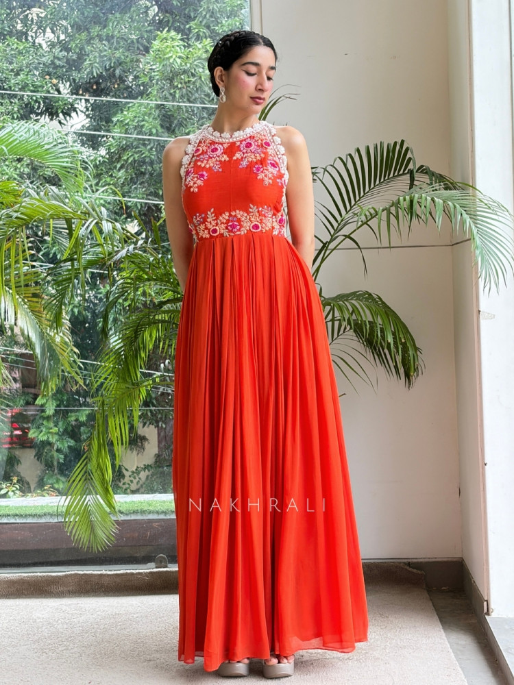 Image of Zariana Zest Orange Georgette Long Dress