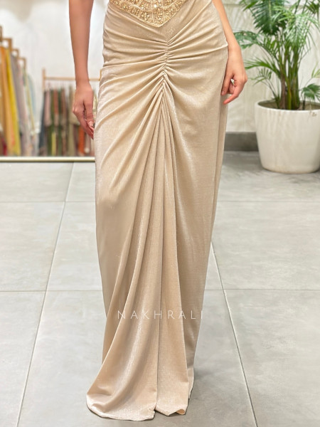 Glamour Beige Mesh Net & Lurex-Blend Crepe Indo-Western Crop Top Skirt Set