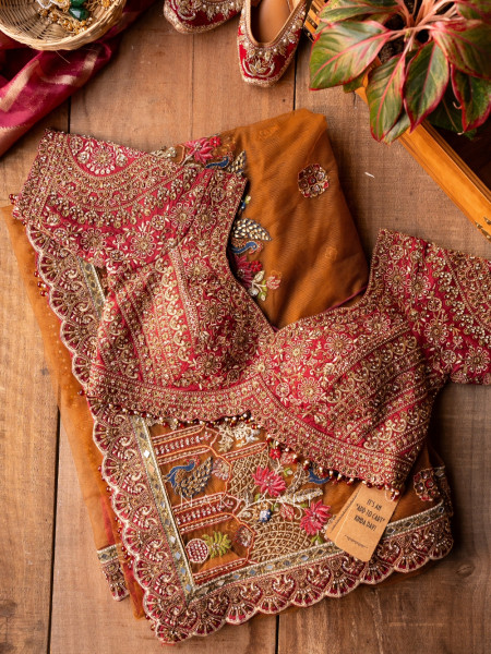 Rangmahal Rustic Orange Net Saree with Embroidered Blouse