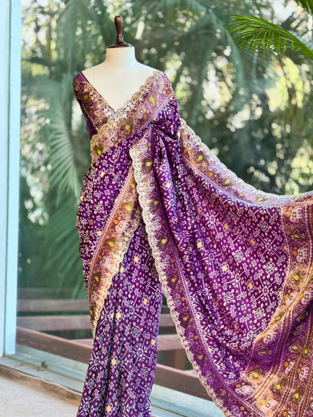 Zoraya Purple Patola Saree with Elephant Motif Border
