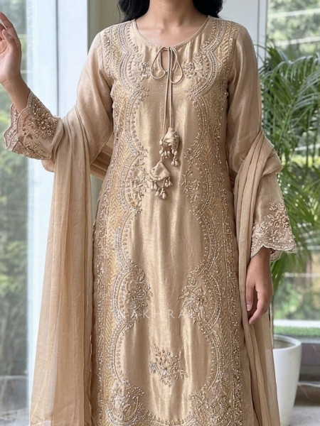 Sehar Beige Suit Set With Zardozi Pitta Work & Pearl Embellishments