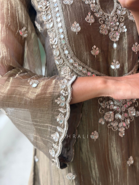 Inara Shimmer Brown Crushed Organza Gharara Suit Set