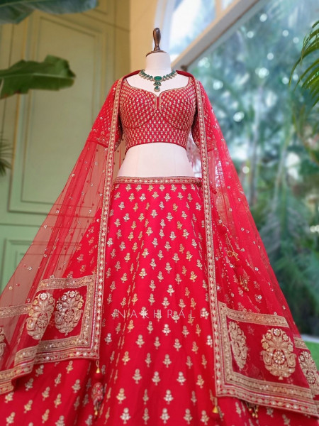 Royal Vermilion Red Raw Silk Bridal Lehenga