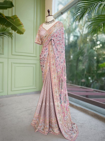 Riyaasat Cream Saree with Pastel Print and Sequin Work