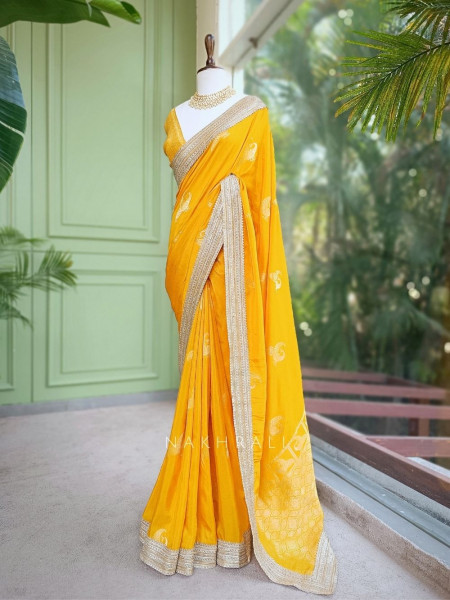 Tavira Yellow Saree with Broad Border and Unstitched Blouse Piece