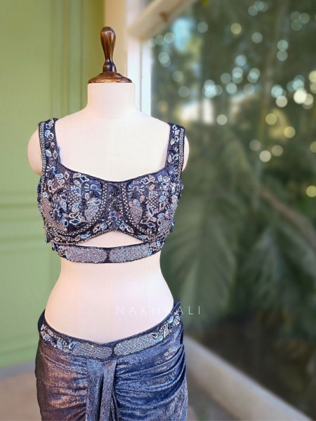 Midnight Tide Blue Drape Saree with Corset Blouse