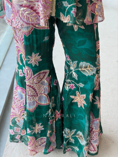 Gulbahar Bottle Green Indo-Western Peplum Sharara Set