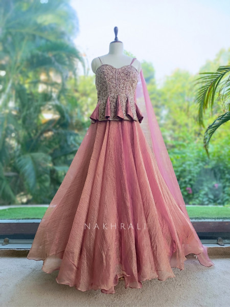 Bespoke Bloom Onion Pink Crushed Shimmer Tissue Fusion Lehenga