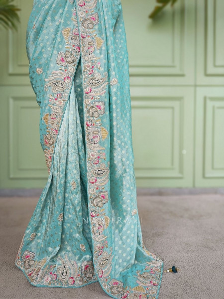 Mrig-sangam Firozi Tissue Saree with Hand Embroidered Paisley Border
