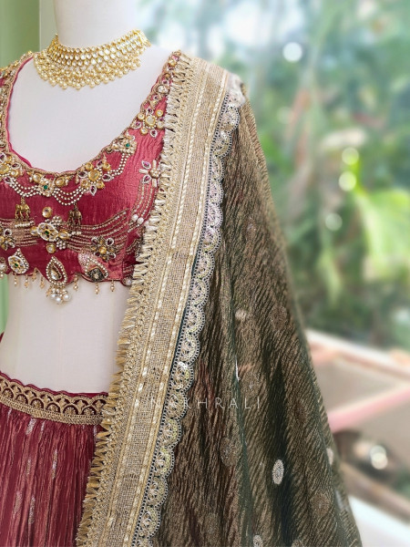 Vrishti Red Crinkle Silk Lehenga Set With Kundan Zardosi Work