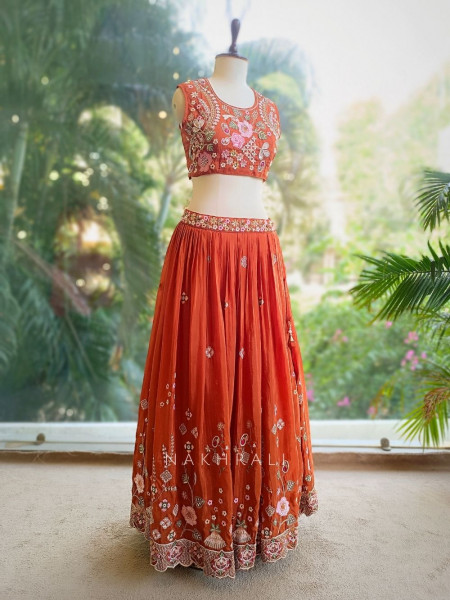 Ira Orange Embroidered Crop Top Skirt Set with Cape Dupatta