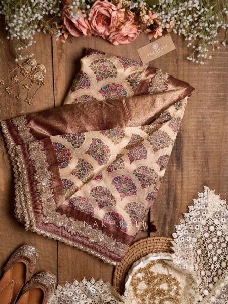 Vaidehi Beige Silk Saree with Gota Border Work