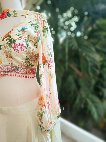 Ethereal Cream Crop Top Palazzo Set with Floral Work