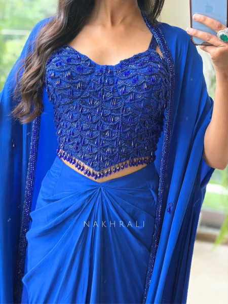 Vritika Royal Blue Georgette Indo-Western Crop Top Skirt