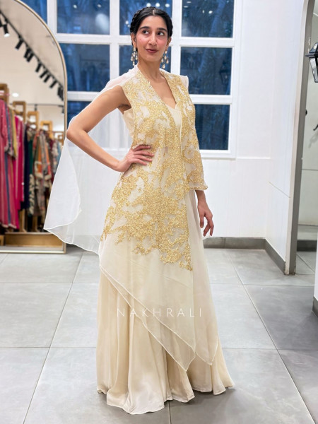 Fractured Cream Organza & Crepe Indo-Western Palazzo Set