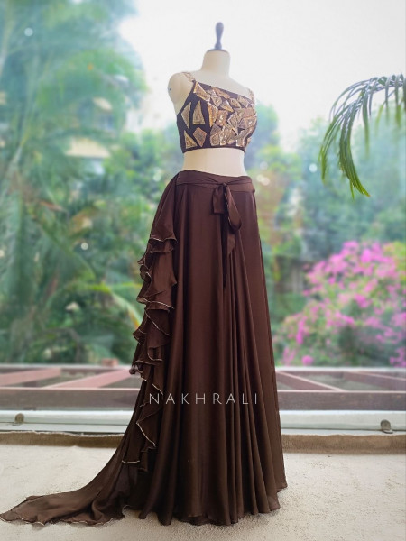 Noirya Brown Indo Western Drape Skirt Set with Sequin Work