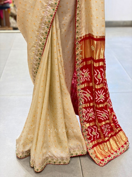 Verdant Red & Cream Bandhej Saree Zari Border Work