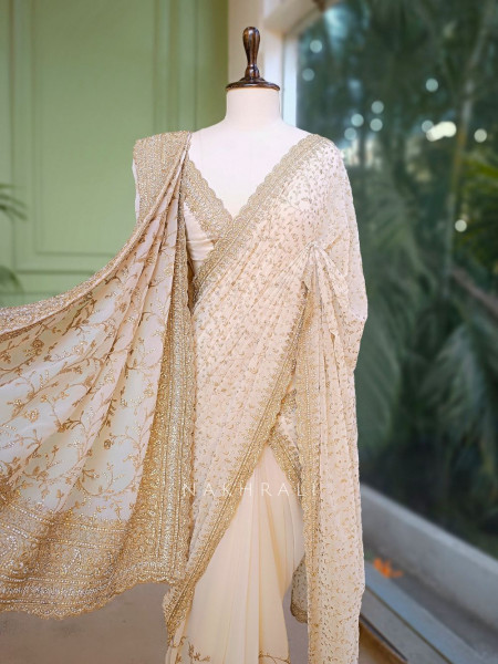 Ajmal Cream Two-Piece Saree Set with Dupatta