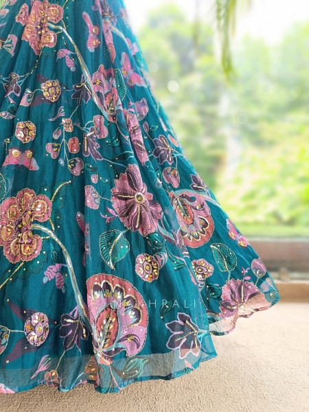 Nishaara Teal Blue Organza Silk Lehenga Set