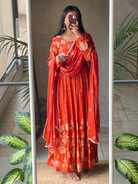 Vashti Orange Chinon Floral Anarkali with Zari & Bead Work