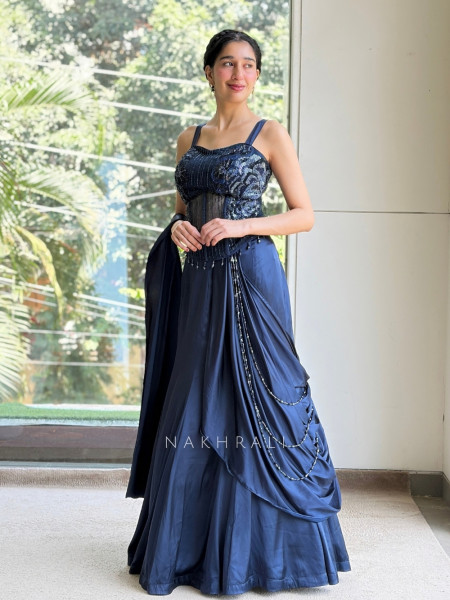 Twilight Blue Indo-Western Pre-Draped Corset Lehenga