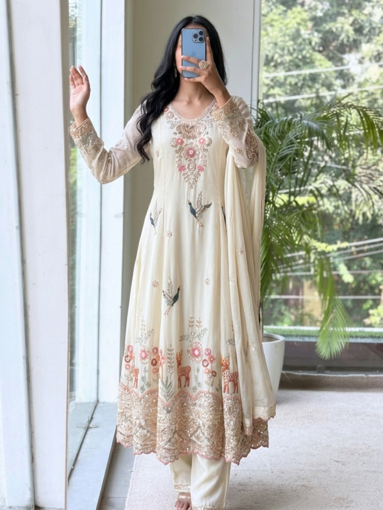 Image of Sylvan Reverie Cream Chanderi Silk Anarkali Suit Set
