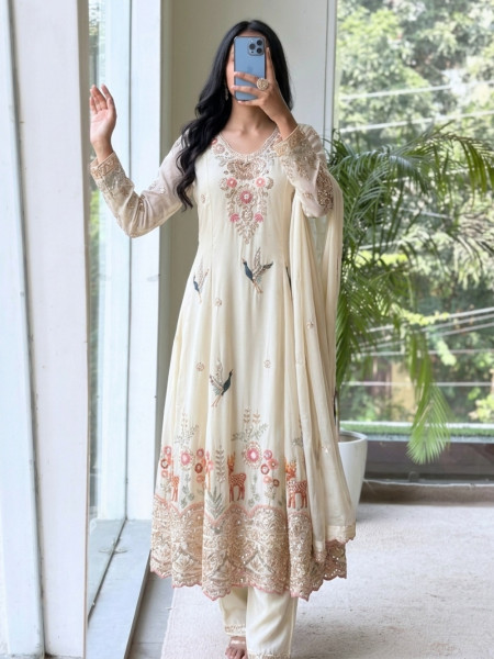 Sylvan Reverie Cream Chanderi Silk Anarkali Suit Set