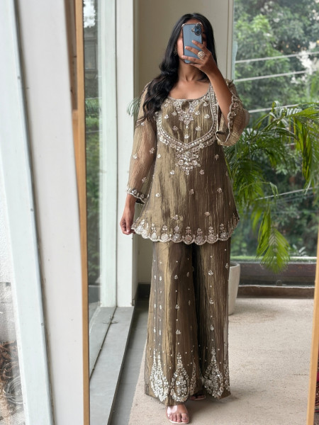 Inara Shimmer Brown Crushed Organza Gharara Suit Set
