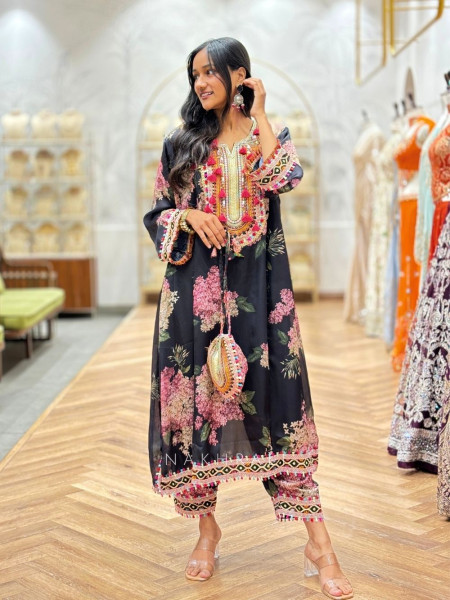 Zerina Black Floral Pakistani Suit Set with Embroidered Neckline