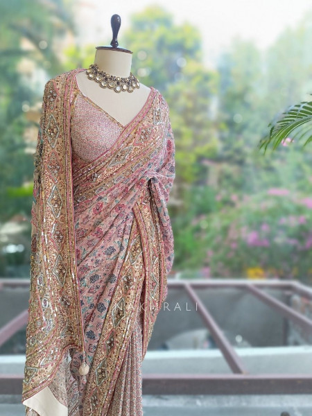 Riyaasat Cream Saree with Pastel Print and Sequin Work
