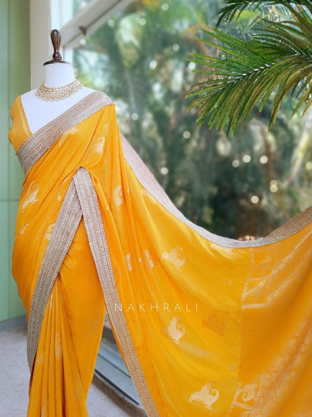 Tavira Yellow Saree with Broad Border and Unstitched Blouse Piece