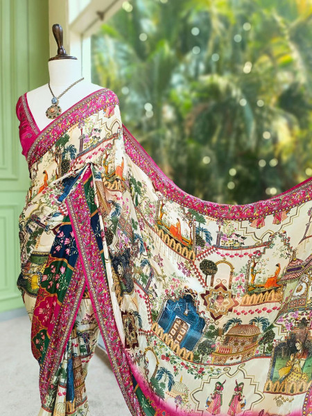 Rihon Magenta Printed Saree with Floral Scenic Design