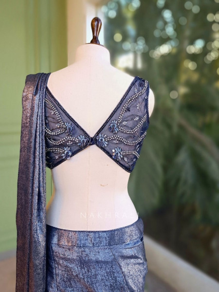 Midnight Tide Blue Drape Saree with Corset Blouse