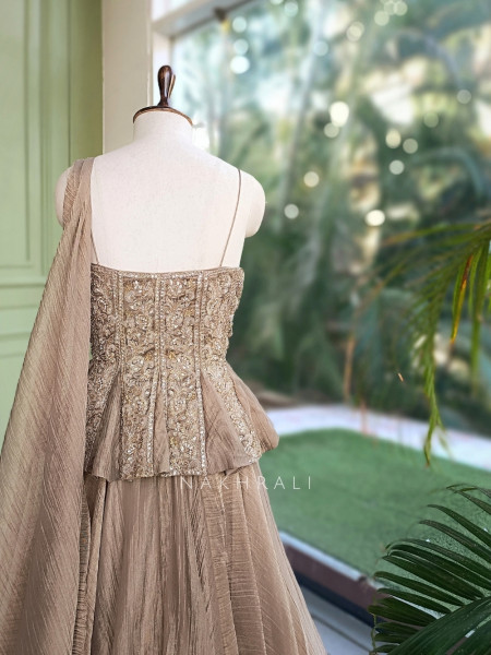 Bespoke Bloom Golden Crushed Shimmer Tissue Fusion Lehenga
