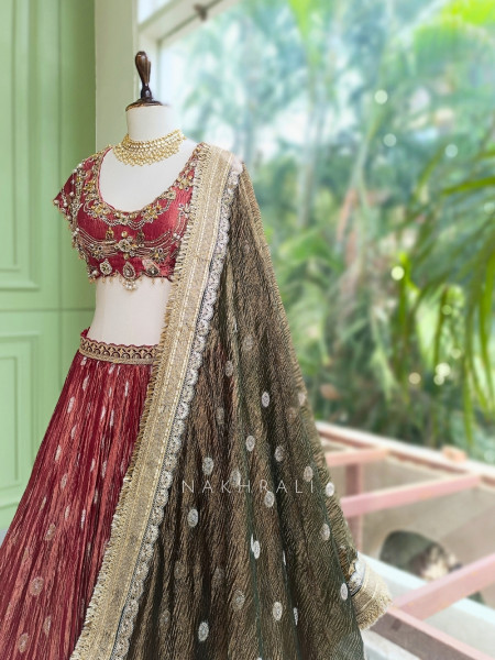 Vrishti Red Crinkle Silk Lehenga Set With Kundan Zardosi Work