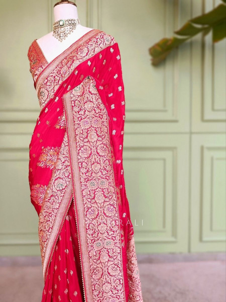 Padmika Red Banarasi Katan Silk Saree with Zari Buti and Meenakari Brocade Pallu