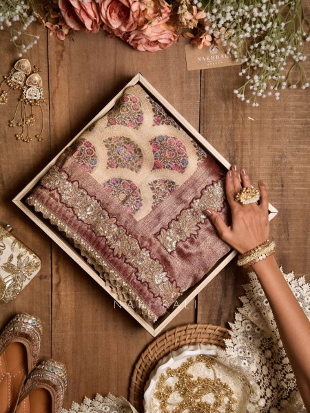 Vaidehi Beige Silk Saree with Gota Border Work