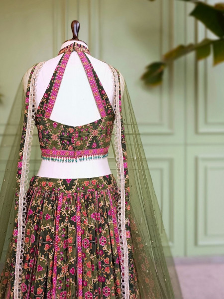 Gulnaar-e-Ishq Mehendi Green Peacock Print Halter Neck Lehenga Set