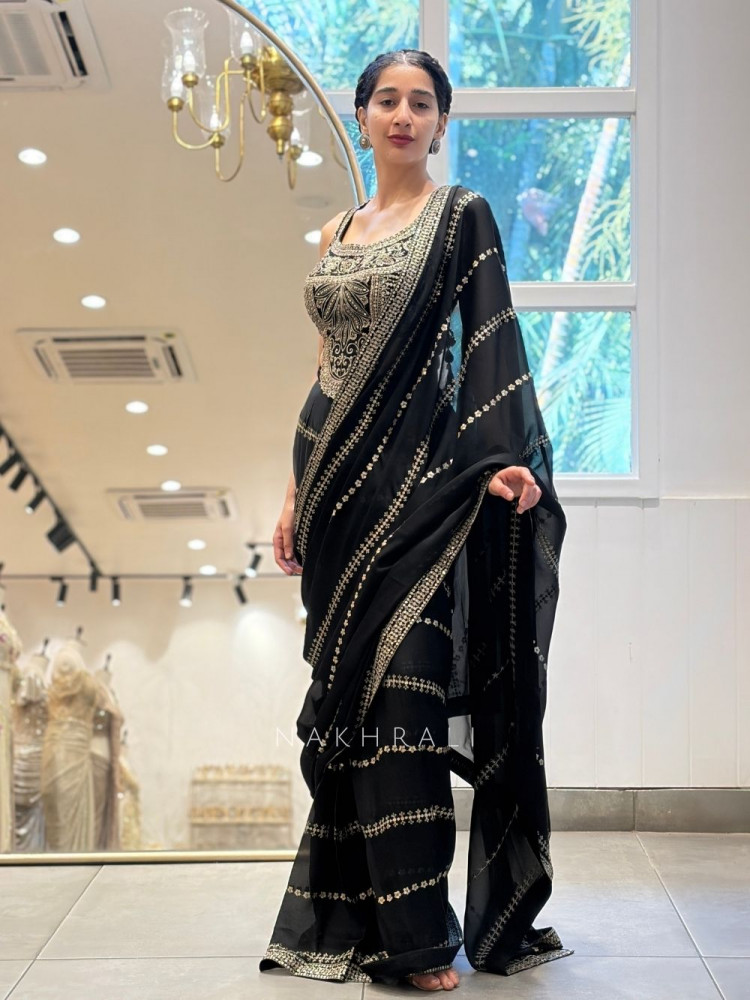Image of Surmayi Black Drape Saree with Sequin Embroidery