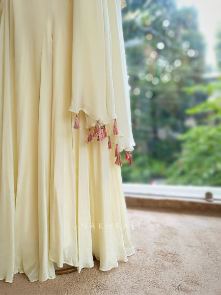 Ethereal Cream Crop Top Palazzo Set with Floral Work