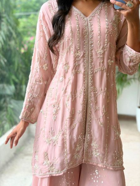 Sorrel Pink Organza Georgette Layered Sharara Suit Set